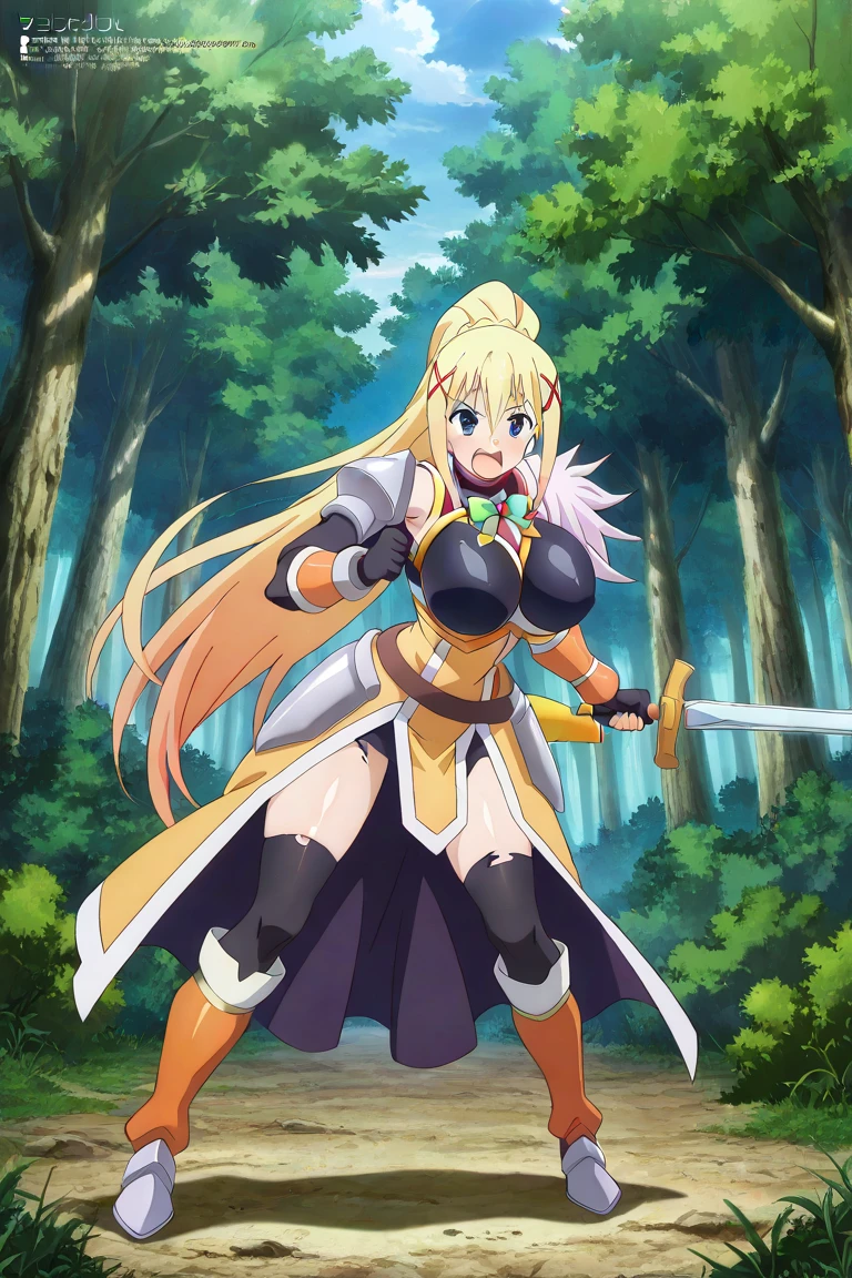 1girl,darkness,konosuba,forest , body armour, sword
 ,  Prompt: (huge gigantic super mega hyper:1.7),(biggest round giant massive :1.7), (only one women), source_anime,masterpiece,best quality,highres,absurdres,official art,official style,source_anime,anime screencap,anime coloring,megami magazine,anime,animated,explicit, shiny skin,hot, fighting goblins, darkness body armour, 