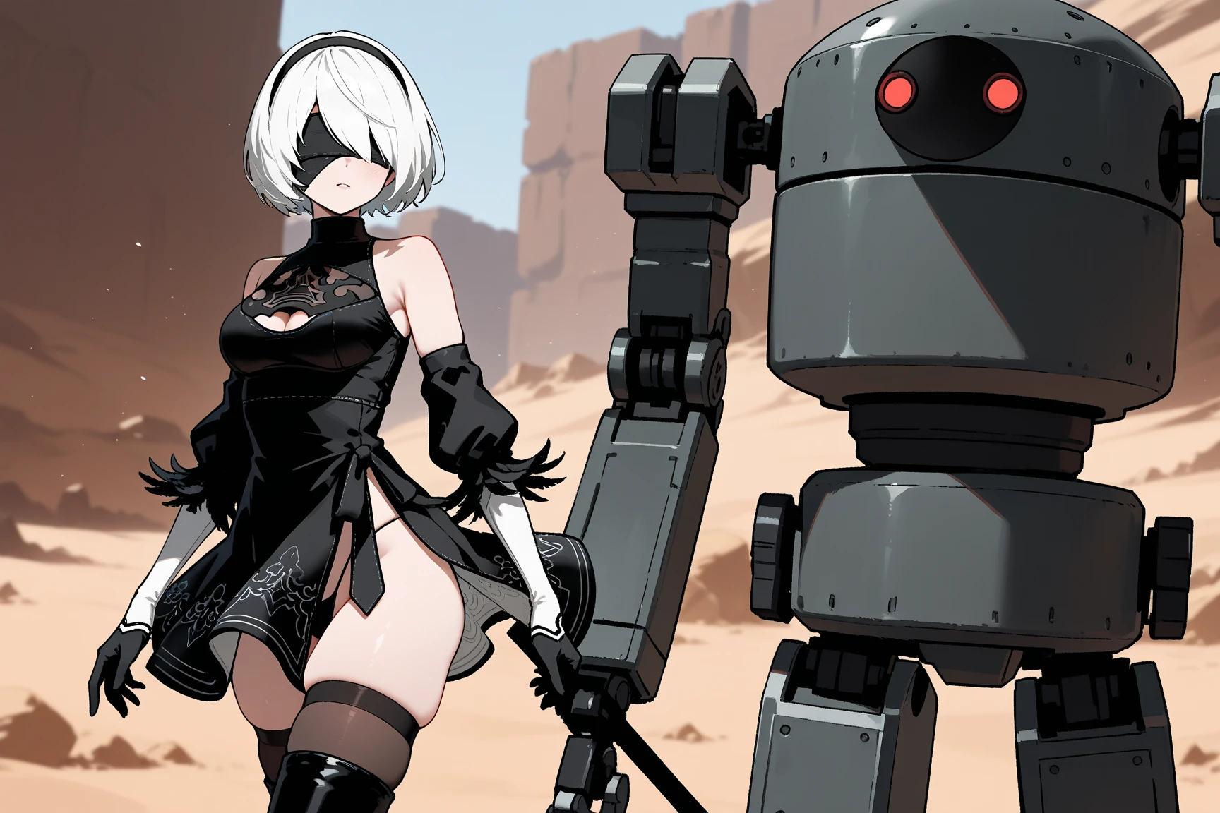 Score_9, score_8_up, score_7_up, source_semi-real, rating_safe;; Nier Automata 2B, fighting robot machine_lifeform in a desert pit;; 2BNAXL, blindfold, black blindfold, black hairband, white hair, short hair, medium breasts, clothing cutout, cleavege cutout, black dress, sleeveless, feather-trimmed black gloves, slingshot micro bikini, skirt, black thighhighs, (skindentation), thigh boots, black high heels