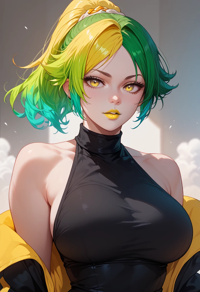 woman, white skin, yellow lipstick, yellowish green hair, multicolored hair, ponytail, yellow eyes, large breasts, anime style, black clothes,