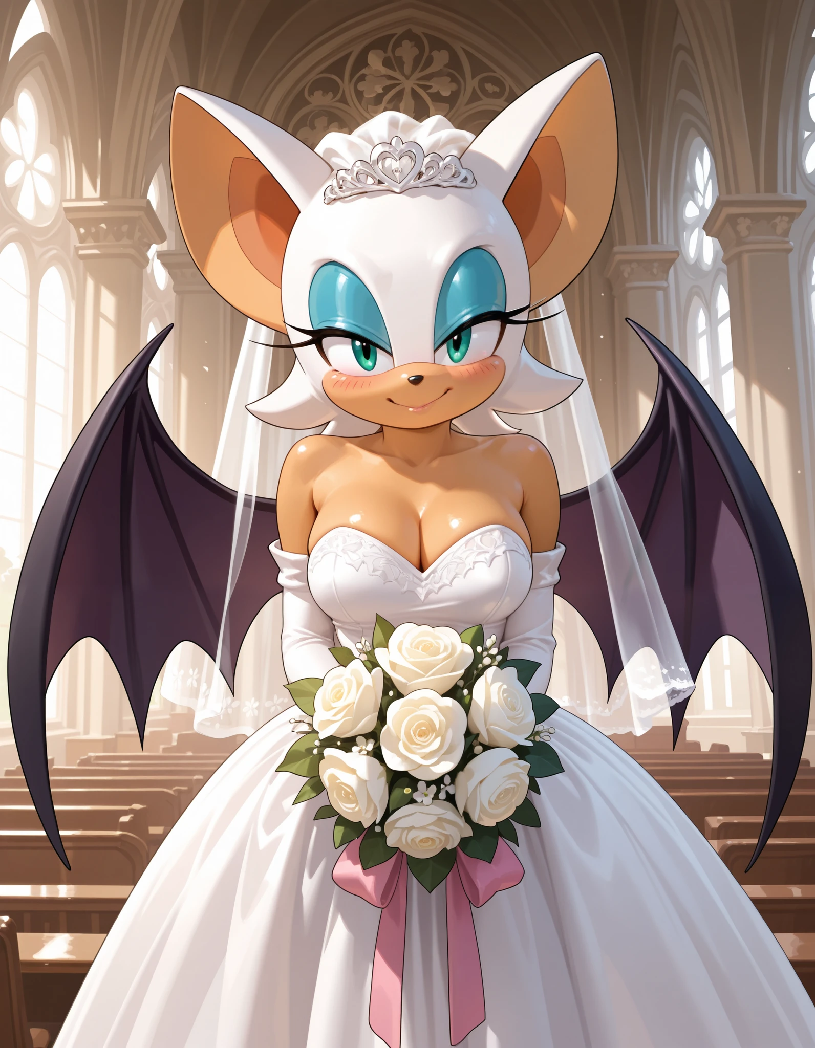 score_9, score_8_up, score_7_up, score_6_up, score_5_up, score_4_up, rouge the bat, (cute and short body), anthro furry, orange fur, cyan eyes, white wedding dress with a side cut, cleavage, bat wings, sexy curves, (solo), smile, blushing, shy, (looking at viewer), (seductive look), (indoors), standing, church background, holding a bouquet of flowers