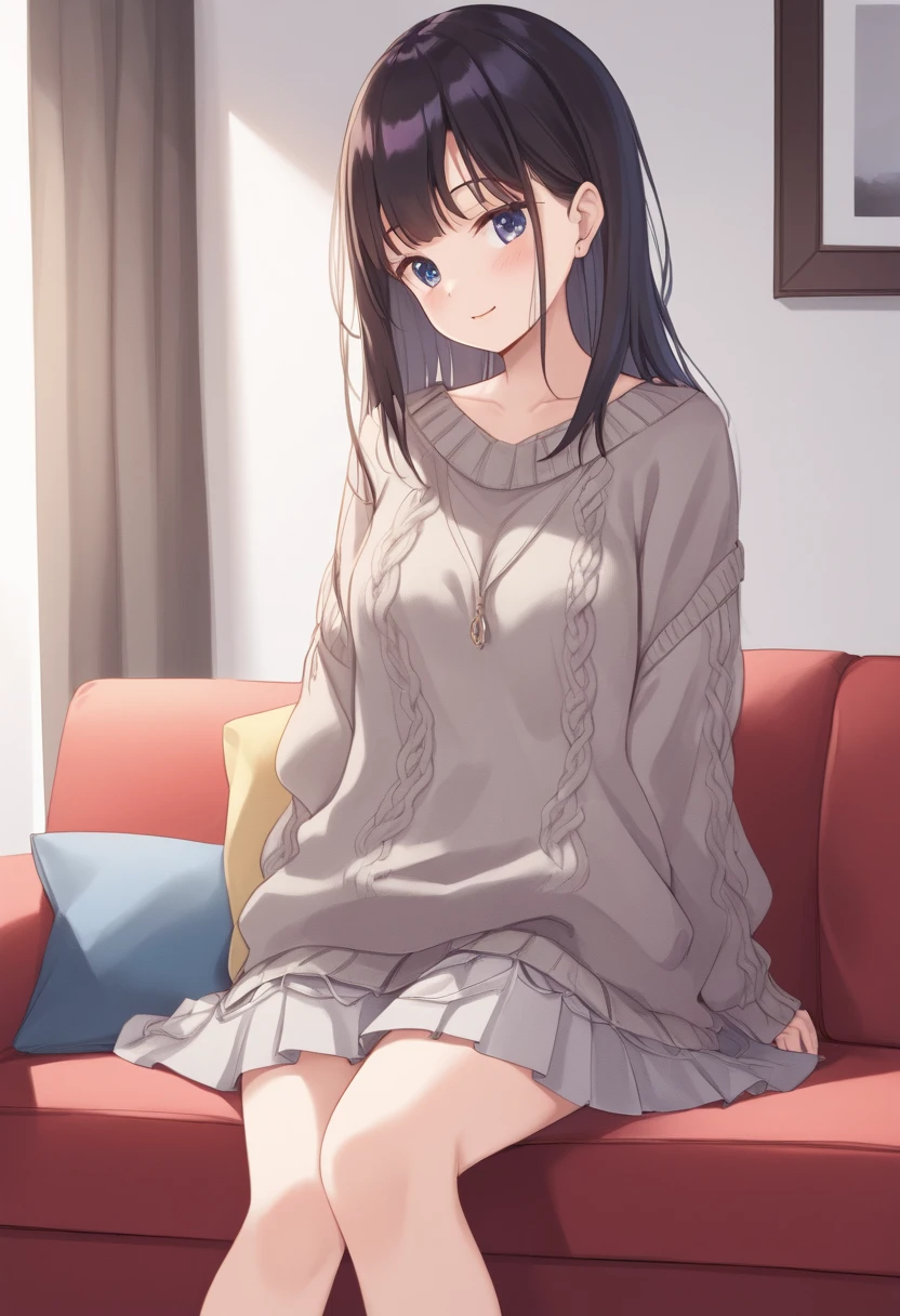 A woman sitting on a sofa knitting in the evening, wearing loose-fitting sweaters and long loose-fitting skirts, ultra detailed, absolutely resolution, masterpiece