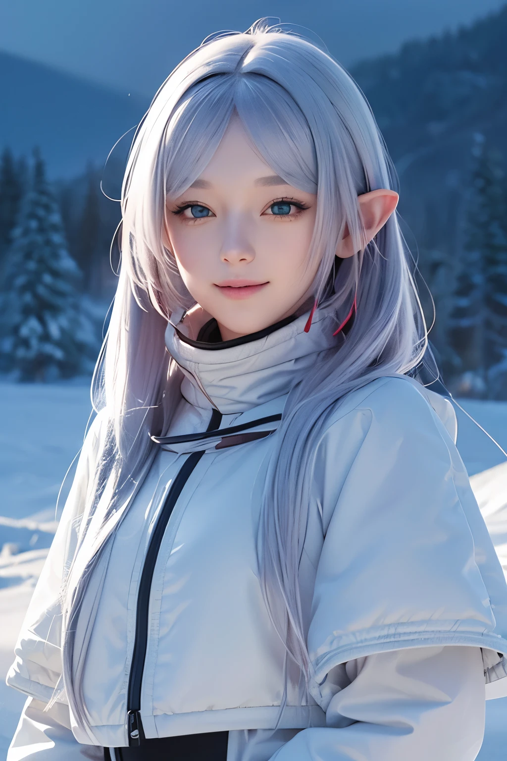 (ultra Realistic) , (illustration), (Enhance resolution), (8k), ( Extremely Detailed), ( detailed face ), Slim Body, in the dark , deep shadow, low profile, pureerosfaceace_v1, Happy smile, Winter, Mountain