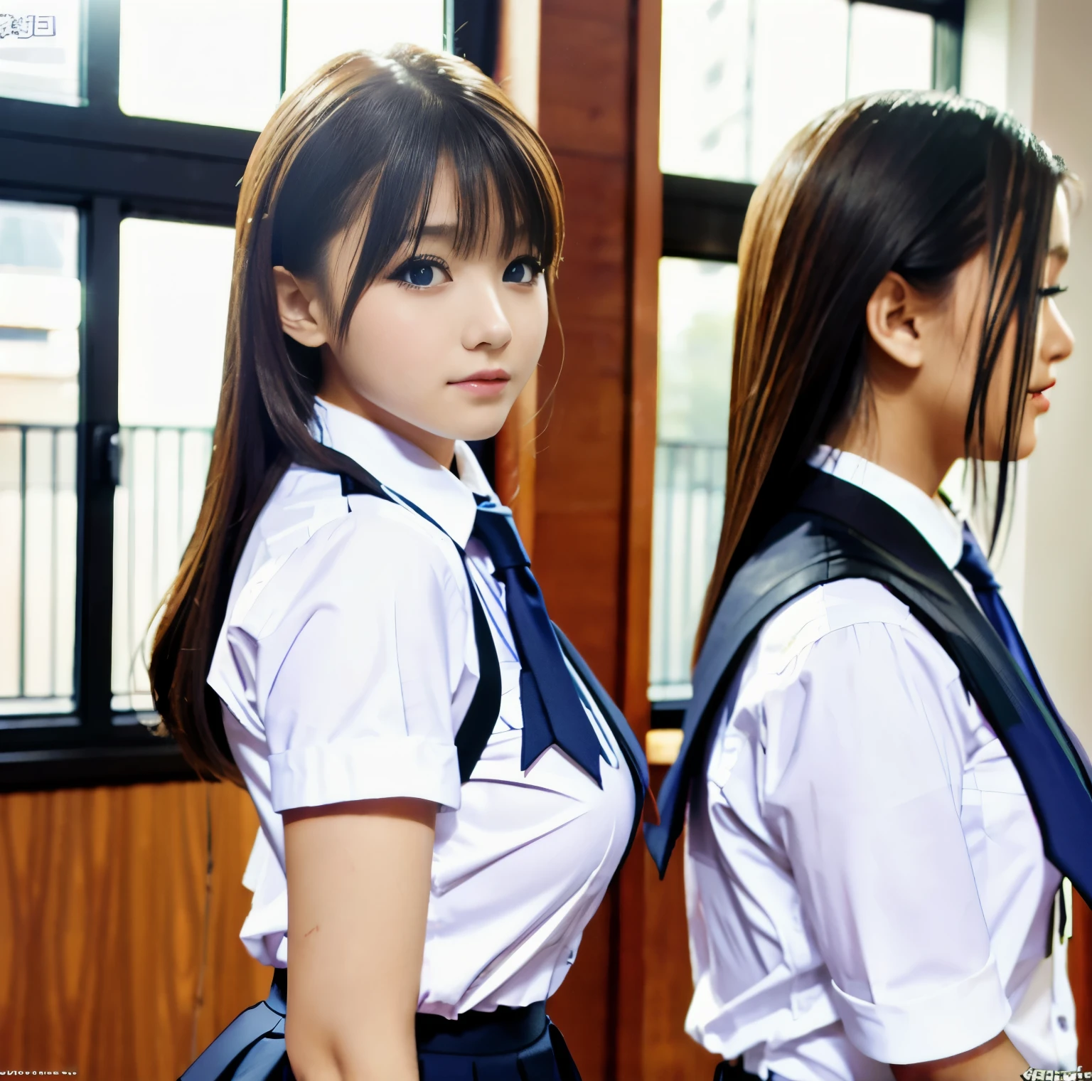 8K quality, Masterpiece, bright lighting , super real , (Two beautiful girls facing the camera and facing backwards :1.2), (The two are fully dressed in the tight schoolgirl uniform), ( One faces directly in front of the camera and shows off the red ribbon tie of their uniform). the other one who is left facing backwards , Brilliant blue eyes , (High chest position:1.2), (Big Breasts), Photograph, butt lift,