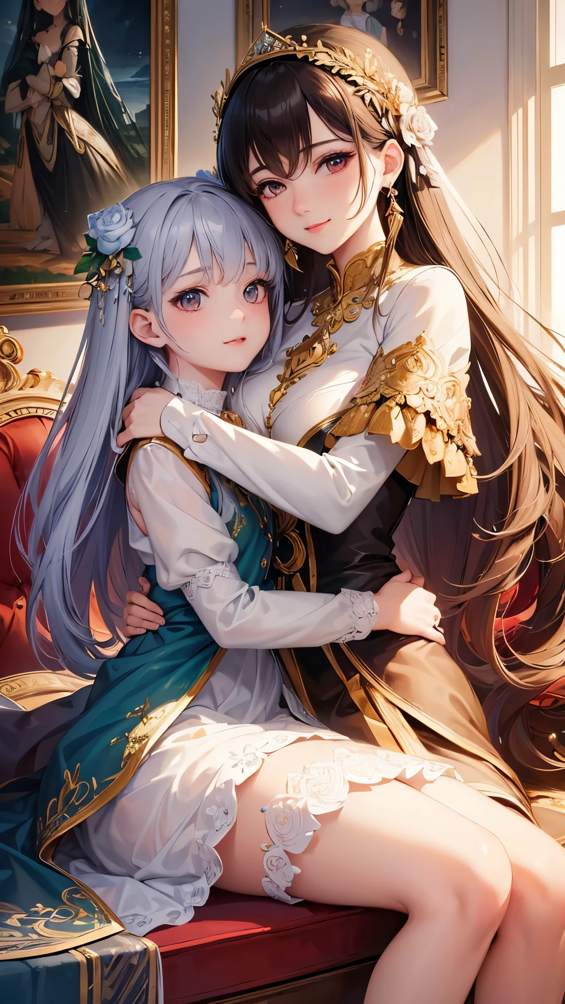 Best image quality, high resolution, 8K, realistic depiction in every detail, photorealism, two women, glamorous female pope and slender princess knight sitting on a throne and hugging each other, (plump body pope, 30 years old, bewitching, long blonde hair, glossy skin, detailed description, glamorous, luxurious toga with embroidery, lust), (slender, princess knight, 18 years old, small breasts, abs, full proportions, neat face, Silver-haired, short, sharp-eyed, breastplateless, with baskets), (partial skin exposure: 1.5), beautiful face drawn in detail