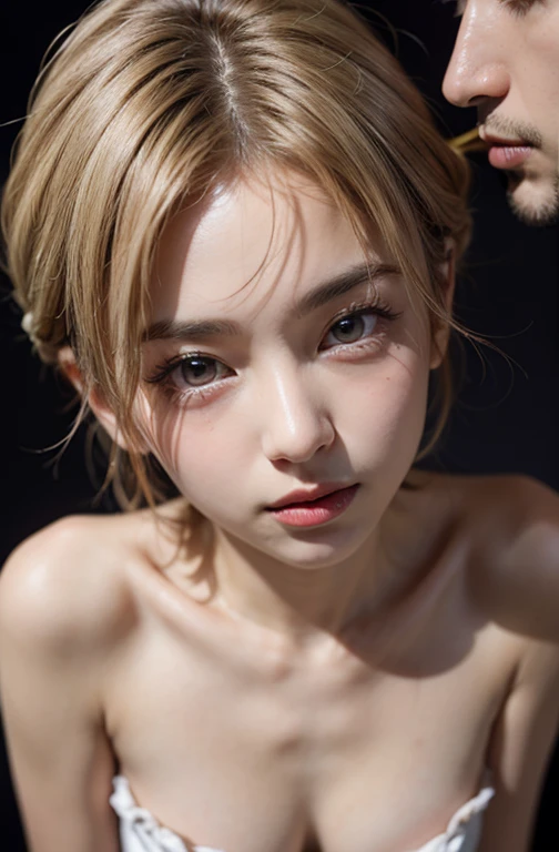 Super beautiful eyes、innocent face, (((realisitic)))a picture, masterpiece, top-quality, 1girl in, a slender waist, top-quality, pale-skinned, Black background, (Face and eye details:1.1), Unique, red blush, ((full of shyness)), extremely delicate and beautiful girl, dynamicposes, (to8contrast style), torch clothes, naked body, nude, full naked, showing, beatiful tits, hard nipples, magazine cover, blonde hair, no black and white, wet body, seductive smile, innocent face, at public place, small breast