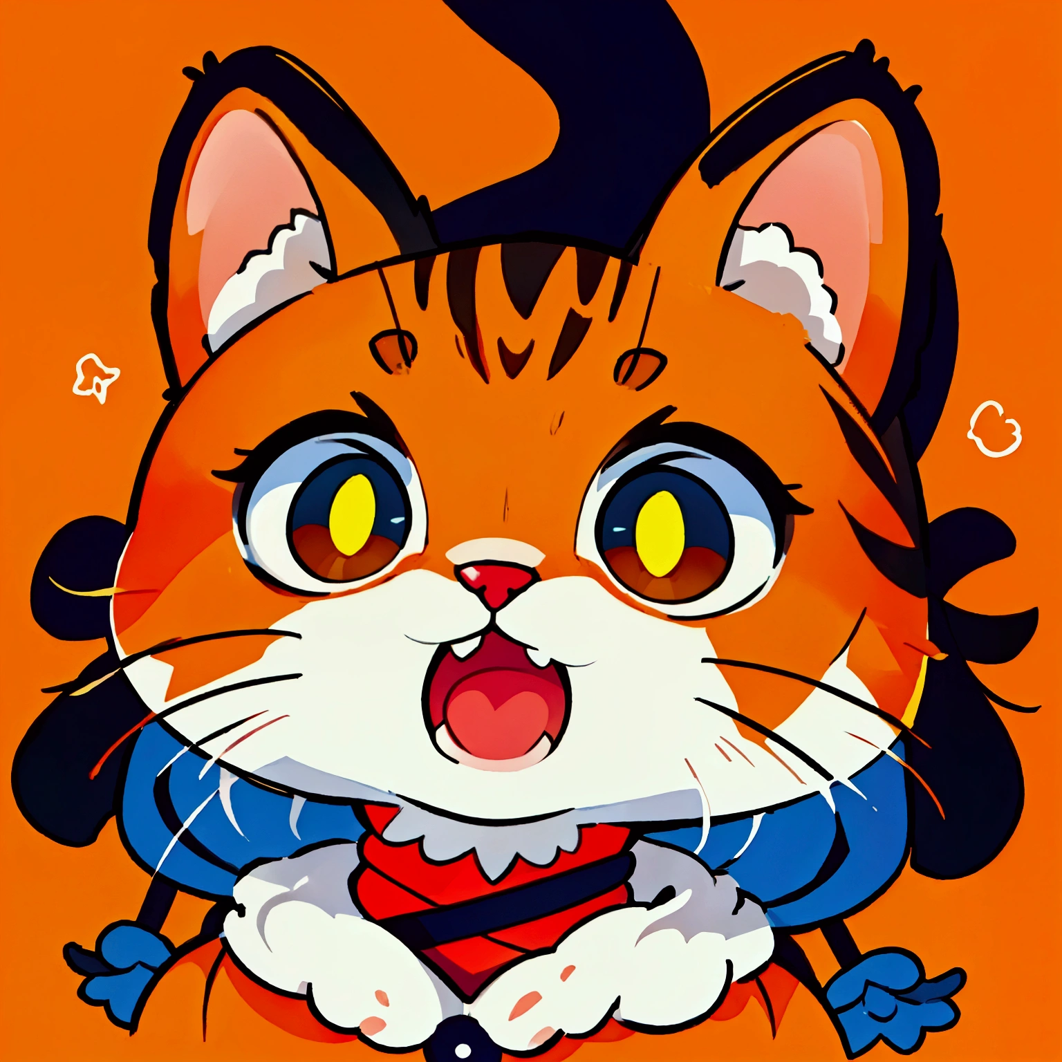 drawing of the head of a cat with surprised face, shocked expression, looking at the camera with wide eyes and open mouth, orange fur, cute style illustration