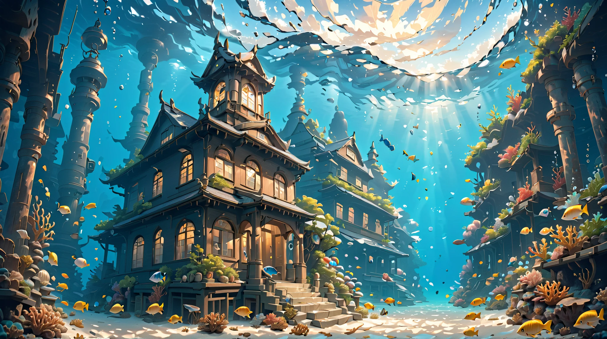 underwater, inside the japanese classroom, new species of deep-sea fish, (masterpiece, ultra detailed, top quality), anime, studio ghibli, detailed background.