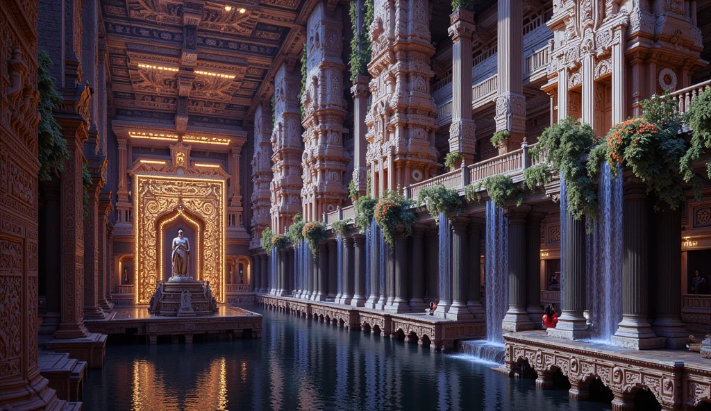 Create an image A grand, hyper-realistic painting capturing a majestic hall within an ancient Indian palace. The hall features seven attic pools on top of each, each one connected by cascading waterfalls that flow elegantly from stone-carved spouts high above. Stone platforms and finely carved attic balconies blend seamlessly with the colorful gopuram and intricate Dravidian temple architecture. The ceiling is adorned with ornate carvings, depicting celestial figures and patterns, while massive, intricately detailed pillars showcase traditional South Indian designs, rising gracefully to support the roof. Towering statues of deities and mythical beings, sculpted with precision and reverence, line the hall, lending an aura of timeless grandeur. Lush vines with vibrant flowers wrap around the stonework, introducing elements of natural beauty into the scene. Soft rays of sunlight filter in from above, illuminating the pools and casting intricate shadows that accentuate the hall's detailed craftsmanship. The atmosphere combines a serene tranquility with opulent splendor, as vivid textures and colors reflect the rich legacy and splendor of ancient south India. Capture the scene with high contrast, vivid hues, and a warm, ethereal glow