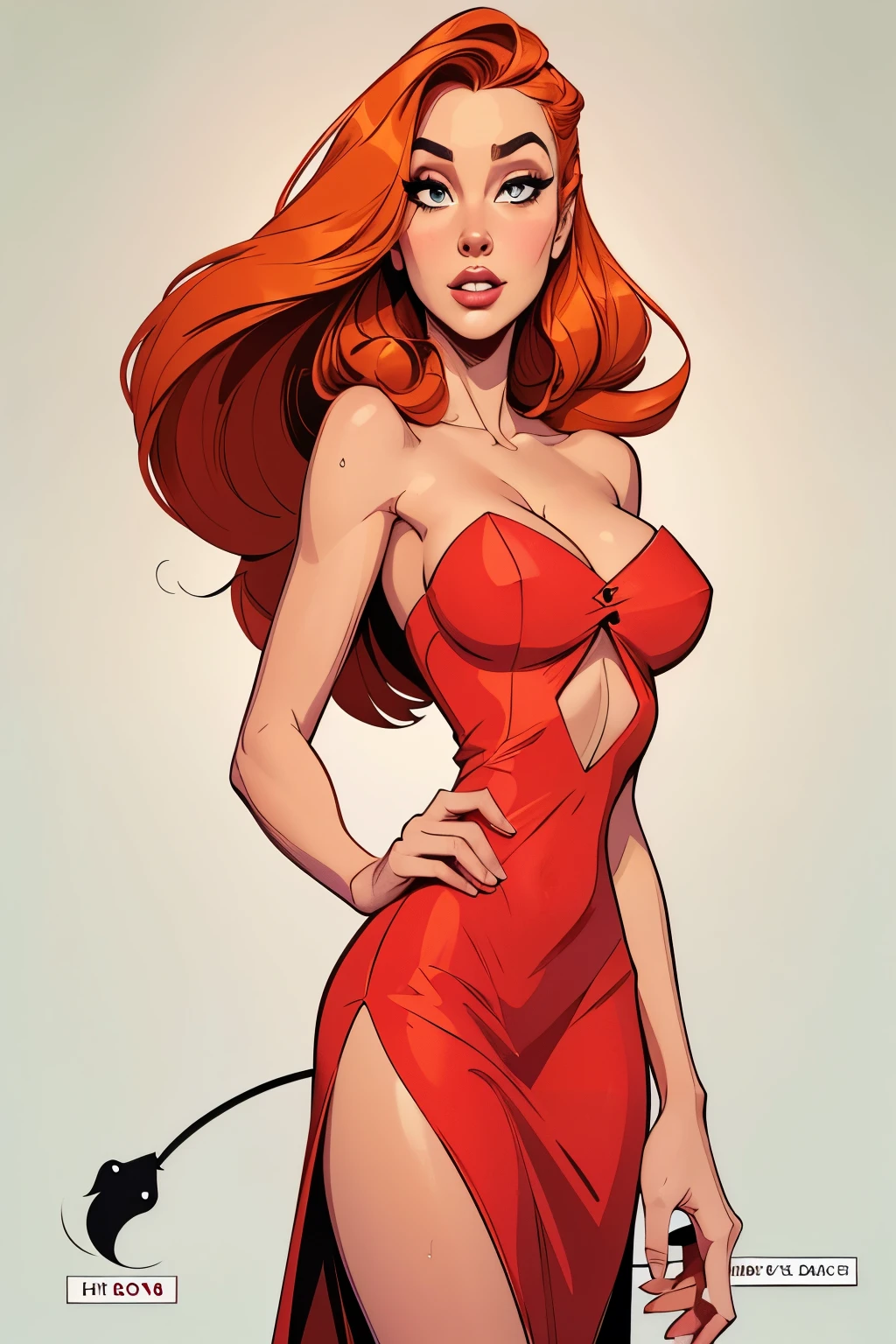 Thin woman, age 25, 4K (High definition), thoughtful, seducing gaze, eyes browns, wearing red dress (with side zipper) with princess neckline and short sleeves, arms positioned at the side of the body, Caucasian skin, straight red hair to shoulder length, standing (upper body), full of curves with freckles across her chest and neck, round breasts. Marvel style high quality, white background.