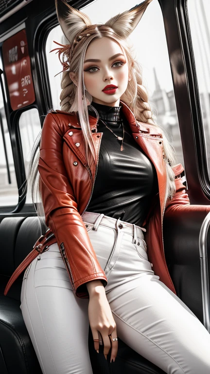   long hair pointed like an orange needle,  braided hair,Fox Ears,  round eyes with sharp ends  ,Oker Eye , doll face  ,  pink lips, red leather jacket, black inner , white jeans on the bus seat,