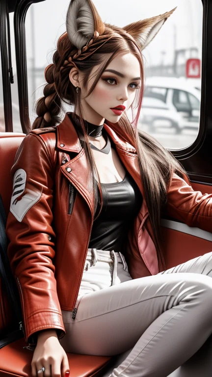   long hair pointed like an orange needle,  braided hair,Fox Ears,  round eyes with sharp ends  ,Oker Eye , doll face  ,  pink lips, red leather jacket, black inner , white jeans on the bus seat,