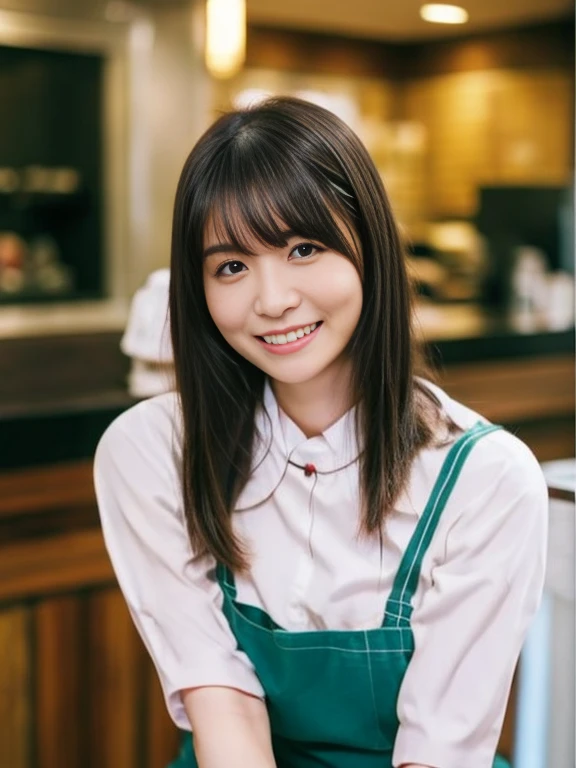 One Girl, (beautiful girl, Delicate girl:1.3), (14 years old:1.3),
break, (Apron Costume:1.3),
break, (Standing in a coffee shop:1.2),
break, Very beautiful eyes, (Symmetrical eyes:1.3),
break, Small breasts, Brown eyes, Parted bangs, Brown Hair, (Upper teeth, The best smile:0.2),
break, (Eye and facial details:1.0),
break, (masterpiece, Highest quality, Very detailed, Detailed face, 8k)
