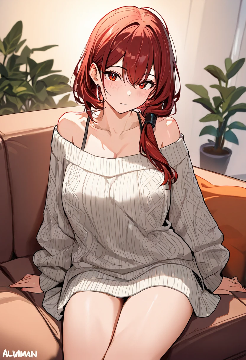 A woman sitting on a sofa knitting in the evening, wearing loose-fitting sweaters and long loose-fitting skirts, the sunset lights, ultra detailed, absolutely resolution, masterpiece