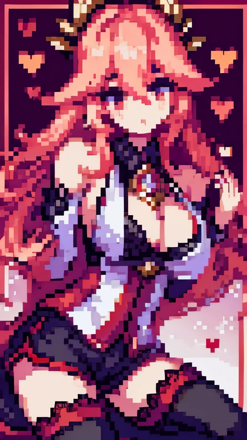 Yae Mico,pixel style ,( A white border around a dark red rectangular background:2.5)This is some text to translate.
{{ This is some text to skip }}., cropped shoulders ,C cup,Ultra shorts , black lace stockings , high detail,under-eye circles, heart-shaped pupils,Students of love,fleshy thighs, Highly rendered , detailed face with