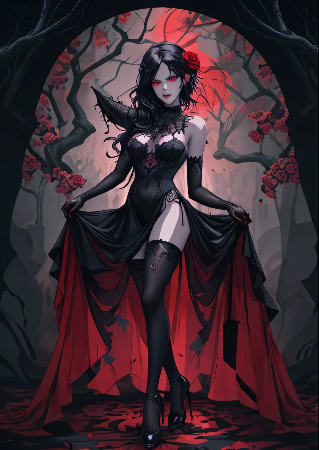 VAMPIRE WITH RED EYES RED HAIR WITH BLACK SENSUAL BODY SMALL BREASTS BLACK VEIL ON HEAD SHOWING CANINE TEETH BLACK NAILS SENSUAL SOCK