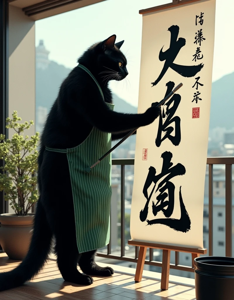 ultra-realistic, photorealistic, dramatic scene, shadow, global-illumination, the human-like giant black cat\(wearing a vertical striped green apron, black cat, holding a big thick brush for calligraphy\), the cat is writing a huge piece of calligraphy at the balcony, the calligraphy\(a work of art written in English cursive using a brush, the English words "Happy New Year!" is written on the huge white handmade paper\), a large black ink bucket, at the balcony of the stylish Japanese urban apartment, sunny day in winter