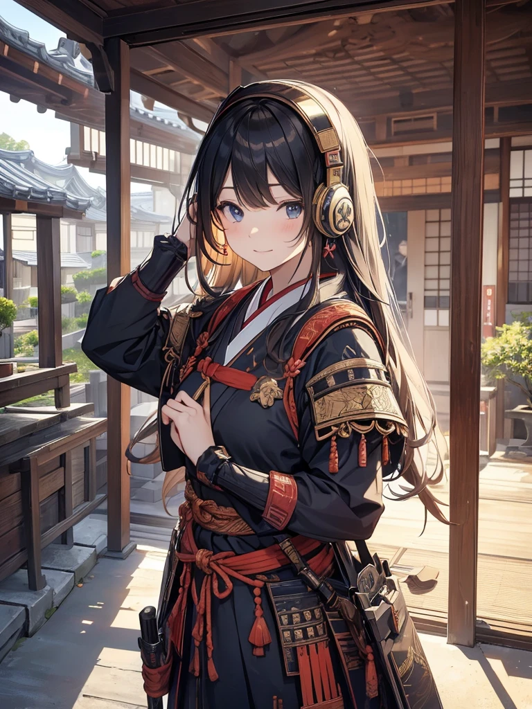  masterpieces at the front door of the house、（ west shots in an Edo period town in Japan:1.3）、 Anime Beautiful Girl、（Age 19）、（Futuristic design earmuffs with perfect Anatomy :1.4）、（6.5 heads）、smile、Military commander、（ Japanese Armor ）、（ Japanese armor）、（姫Military commander）、Composition of 