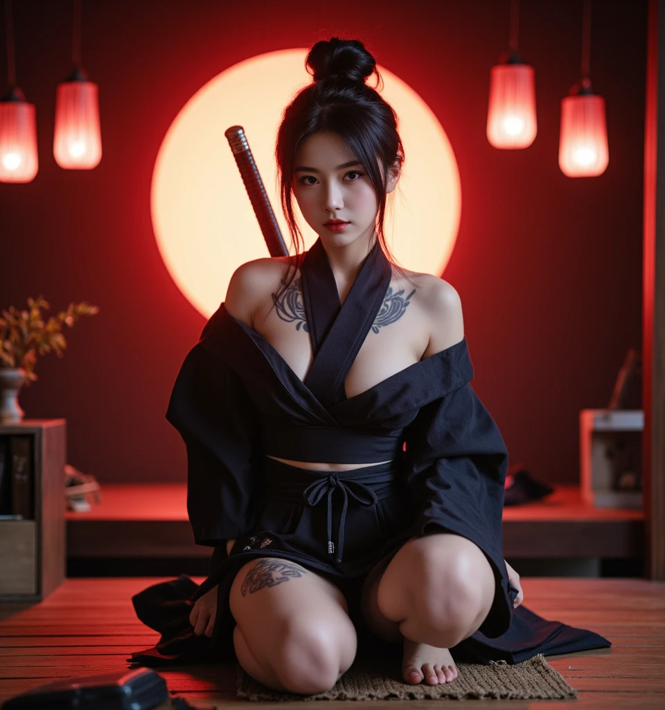 masterpiece, Highest quality,
one japanese girl, young, busty, cleavage, wearing ninja clothes, bare legs, bare arms, side boob, at inside japanese castle, japan, squatting, spread legs, side face, prepare a KATANA, hide a corner, photoRealstic, source_real,