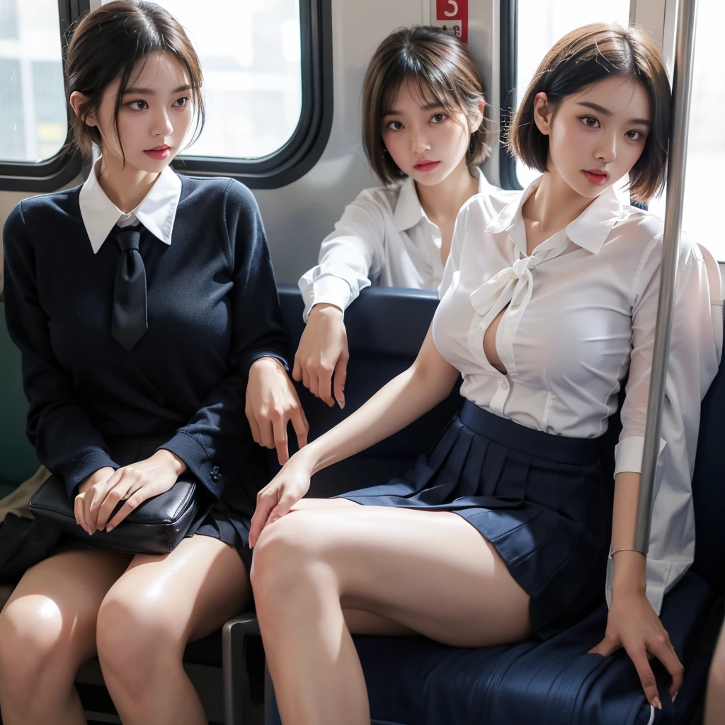 8k、RAW Photos、Highest quality、Super detailed、Super Resolution、Ultra HD、8k wallpaper、Amazing details
((A girl in a gray blazer uniform ((White blouse with formal collar, Blue Blazer, Red Check Skirt, Red checkered ribbon on blouse)), Complete limbs, Full Finger,)
(((((In a crowded train)))))
(((((Emphasize cleavage)))))
((((((Blue and black floral patterned panties and bra are visible))))))
((((smile))))
((((White Skin Woman))))
((Full body photo))
(((Slim body)))
(((((Woman kissing another woman)))))
((red heart necklace))
((((Red heart earrings))))
(Full body photo)