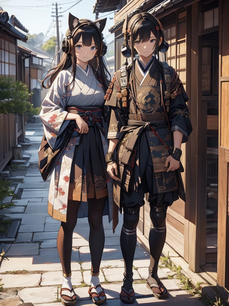  masterpieces at the front door of the house、（ west shots in an Edo period town in Japan:1.3）、 Anime Beautiful Girl、（Age 19）、（Futuristic design earmuffs with perfect Anatomy :1.4）、（6.5 heads）、smile、Military commander、（ Japanese Armor ）、（ Japanese armor）、（姫Military commander）、Composition of 