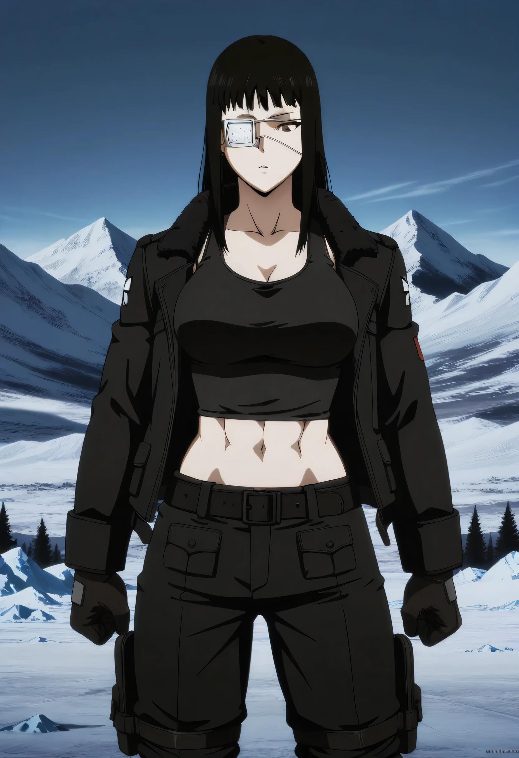 1girl,solo,mm,mature female,black hair,eyepatch,brown eyes,medium breasts,anime coloring,long hair, muscular, ,cowboy shot,,ice mountain, ,winter military open black jacket with black midriff tank top with black trousers with belt, fighter boots, open gloves, ,masterpiece,best quality,amazing quality