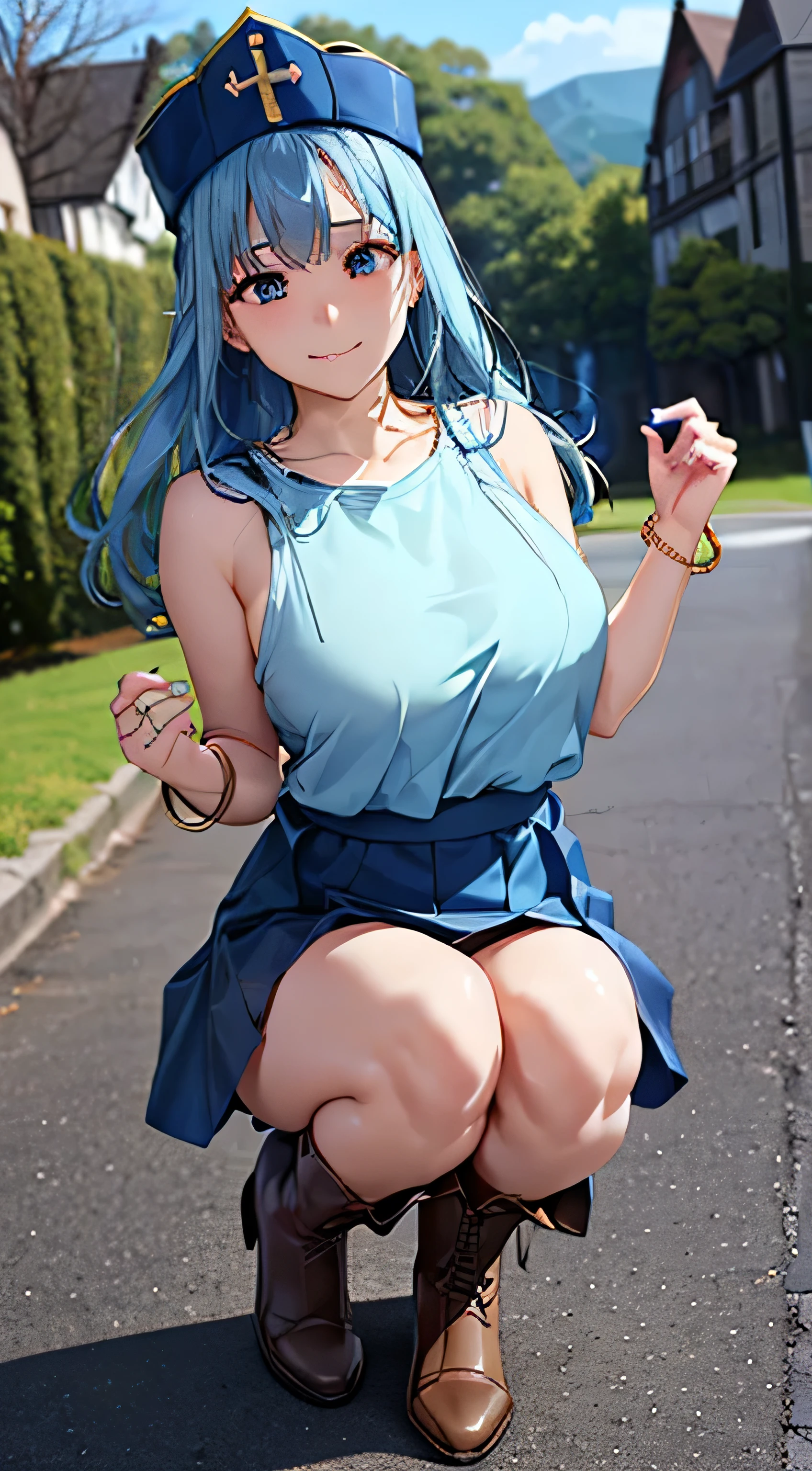 (An adult woman is shooting blue fireballs from her palms, Cast a spell, 地面から上にWindがふきスカートがめくれてパンティが見えている, Sexy and stylish white panties:1:3), Beautiful Anime Woman, Beautiful art style, Anime characters, ((Smooth texture, Realistic texture, アニメCGWind)), ((Highest quality)), (Very detailed), (Very detailed CG 統合 8k 壁紙), Very detailed, High-resolution RAW color photos, Professional photography, masterpiece, Highest quality, beautiful and big breasts, Slender body, (Stunningly beautiful woman), (Detailed face:1.2), (Blue Hair, White Dress, White mini skirt, belt, Red eyes, Circlet, boots, Blue Cape:1.2), (Medieval city, Cobblestone Street, Wind, A man in the street is looking at me:1.2), Perfect lighting, Perfect Shadow, Exact number of arms, Exact number of legs, Perfect Anatomy, Exact finger count、Exact number of legs、(Exact number of arms:1.0, Exact number of hands:1.0), (Perfect hands, Perfect Anatomy), (Embarrassed expression), Angle from the front, Dragon Quest, wise