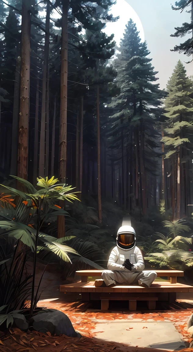 Astronaut in a serene posture, seated in the lotus position, within a misty forest.  Full-body view of an astronaut suit, light gray with orange accents, meticulously detailed.  The astronaut is meditating, hands clasped in a meditative mudra.  The helmet is dark, smooth, and features a slightly reflective surface.  The forest setting exhibits numerous tall, dark pine trees, creating a deep, atmospheric backdrop.  Light penetrates the area, casting soft, muted tones on the scene, with a low-contrast effect.  The ground composition showcases fallen leaves and forest debris.  The mood is reflective and introspective, conveying a sense of solitude and peacefulness.  Realistic, photorealistic.  Contemporary art style.  Focus on the subdued tones and muted light and color.