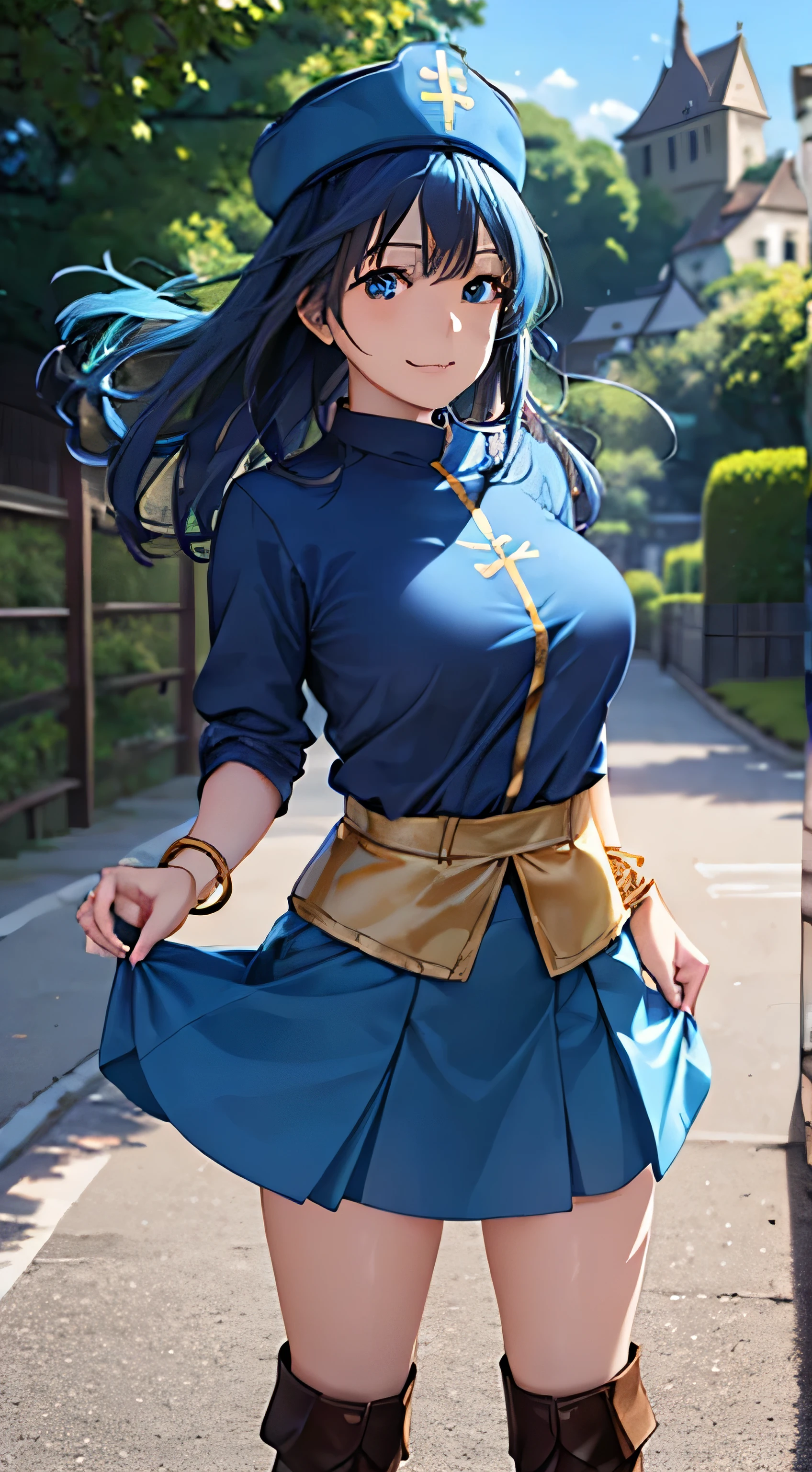 ((masterpiece, top quality , High Definition , , perfect pixels , 4K, ))), 1 female, single, Alone, beauty、 I can see my whole body 、 ((( light blue straight hair ))),( bangs, ), (( beautiful eyes, Beautiful eyelashes, Real Eyes )), (( detail face , )), (( smooth texture:0.75, realistic texture :0.65, Photorealistic:1.1, anime CG style)), Upturned Breasts, Dynamic Angle, perfect body, ((priest costume、( gorgeous blue 、 blue long tabert )、 Bracelet 、 Blue priest hat 、、 brown leather boots 、Ring of Gold ))、Castle Town Gate 、、、 gravure idol pose、 very embarrassed panic smile 、 Buttocks out 、 the wind is blowing 、 ((( skirt lifts up )))、(、 、、、)、