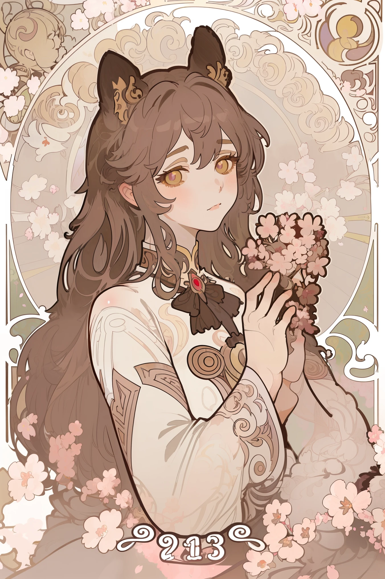 in art nouveau style , poster in a theater , (((art by alphonse mucha))), Upper Body, blush, profile ,( masterpiece, finely Detailed beautiful eyes: 1.2), 1 girl, Alone, beautiful, Small details, ultra Detailed , best quality, intricate, sharp, digital illustration , Detailed , ((cherry blossoms)), Hired \( Genshin Impact \), 1 girl, choke, blows, bare shoulders , Campaign, black Gloves, ((cabello negro, straight bangs, cat ears)), blush, breasts, chinese knot, mangas desmontables, flower knot, Gloves, (red ram horns ), long hair, medium breasts, neck Campaign, Evening, outdoors, Ojos rojos, sideburns, Alone, borla, white sleeves, (( masterpiece)), curly hair