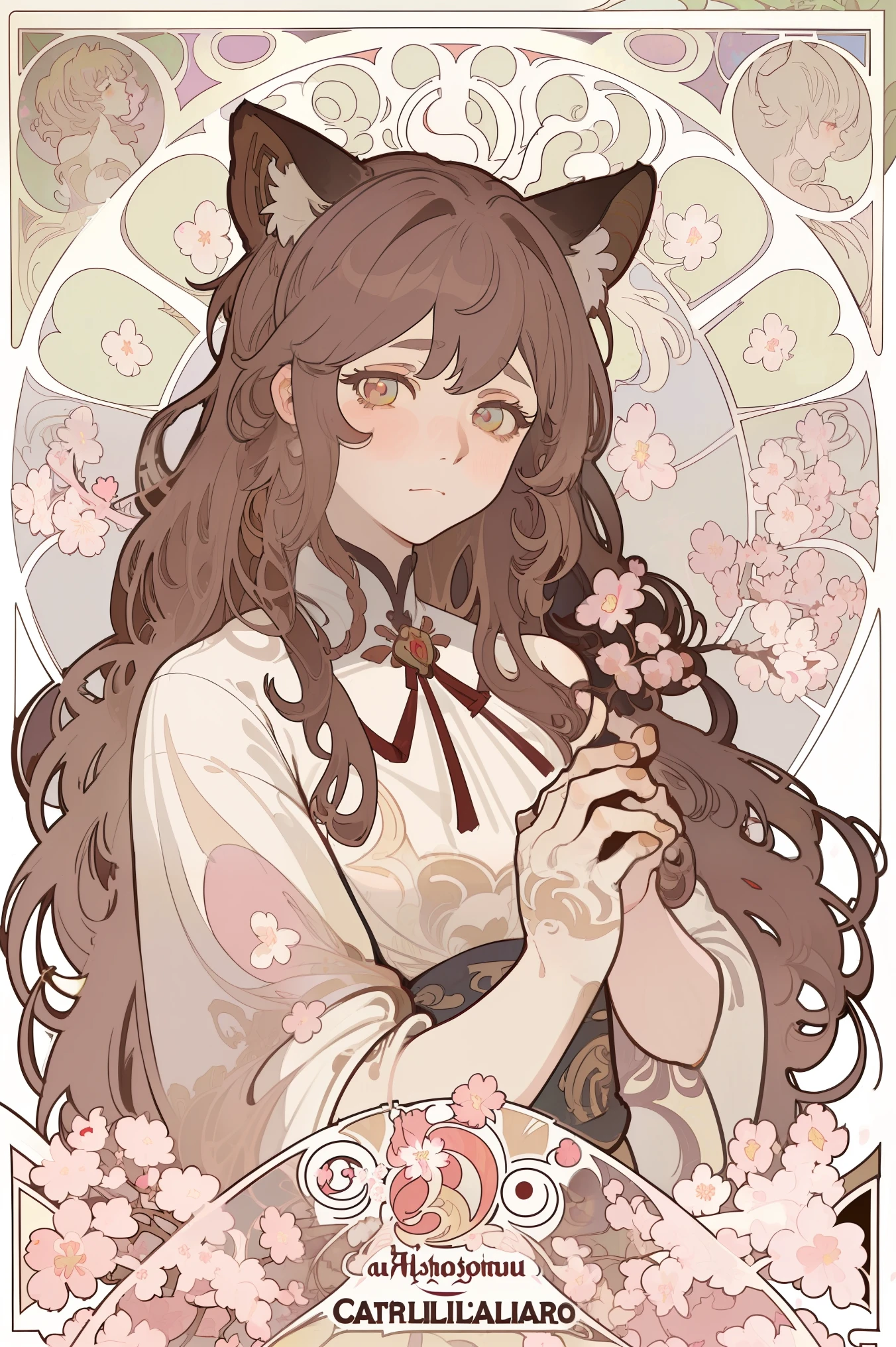   in art nouveau style  , poster in a theater , (((art by alphonse mucha))), Upper Body, blush, profile ,( masterpiece, finely  Detailed   beautiful eyes: 1.2), 1 girl, Alone,  beautiful, Small details, ultra  Detailed ,  best quality, intricate, sharp,  digital illustration ,  Detailed , ((cherry blossoms)), Hired \( Genshin Impact \), 1 girl, choke, blows,  bare shoulders , Campaign, black Gloves, ((cabello negro,  straight bangs, cat ears)), blush, breasts, chinese knot, mangas desmontables, flower knot, Gloves, (red ram horns ),  long hair, medium breasts, neck Campaign, Evening,  outdoors, Ojos rojos, sideburns, Alone, borla, white sleeves, (( masterpiece)), curly hair