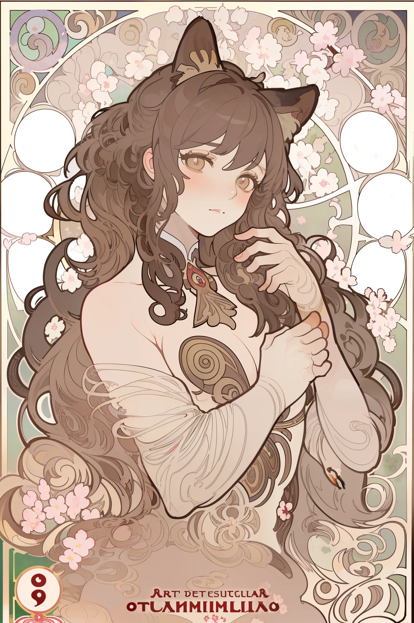 in art nouveau style , poster in a theater , (((art by alphonse mucha))), upper body , blush, profile ,( masterpiece, finely Detailed beautiful eyes: 1.2), 1 girl, Alone, beautiful, Small details, ultra Detailed , best quality, intricate, sharp, digital illustration , Detailed , ((cherry blossoms)), Hired \( Genshin Impact \), 1 girl, choke, blows, bare shoulders , Campaign, black Gloves, ((cabello negro, straight bangs, cat ears)), blush, breasts, chinese knot, mangas desmontables, flower knot, Gloves, (red ram horns ), long hair, medium breasts, neck Campaign, Evening, outdoors, Ojos rojos, sideburns, Alone, borla, white sleeves, (( masterpiece)), curly hair