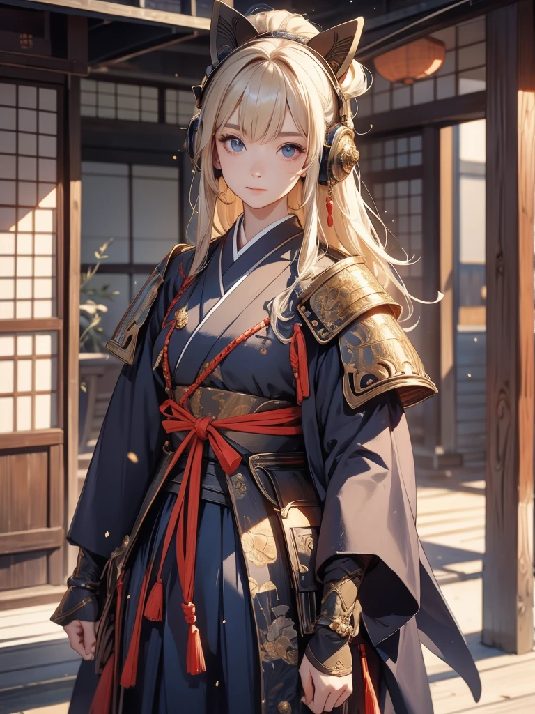  masterpieces at the front door of the house、（ west shots in an Edo period town in Japan:1.3）、 Anime Beautiful Girl、（Age 19）、（Futuristic design earmuffs with perfect Anatomy :1.4）、（6.5 heads）、smile、Military commander、（ Japanese Armor ）、（ Japanese armor）、（姫Military commander）、Composition of 