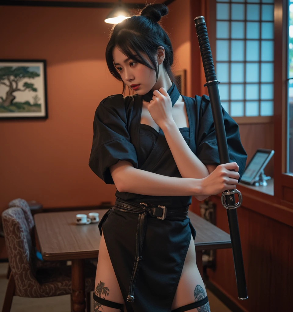 ((fashion photography)), perfect face, perfect eyes, (medium full shot) of (lovely ninja) korean young woman, voluptuous, black hair, straight hair, brown eyes, wearing Tactical ninja suit with modular attachments, utility belt with flash grenades, combat boots with shock-absorbing heels, set in ancient temple from the edo era, Tea Room, Intimate space with low tables and floor cushions, bamboo blinds filtering sunlight, a traditional kettle steaming on a charcoal brazier, delicate porcelain tea sets arranged neatly, and the aroma of freshly brewed matcha tea filling the air , at night, smiling at the viewer, masterpiece, best quality, photorealistic, very aesthetic