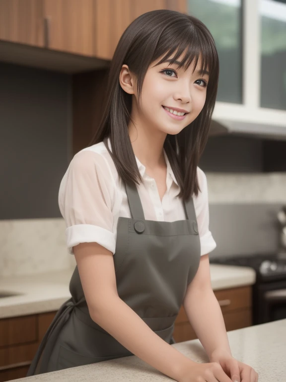 In 8K,highest quality:1.4, ultra high resolution:1.5, (realistic:1.4),masterpiece:1.2,(highest quality:1.4)、 RAW photo、 １japanese girl、 cute、medium breasts:1.5、 (alone:1.8)、kitchen、 (shy smile:1.3), smooth skin、30 years old:1.5、beautiful black eyes、natural skin texture:1.3, Realistic eye and face details:1.8、 (brown medium hair,bangs), (touch hair:1.4)、Nogizaka、cute colorful apron、cafe clerk、supple fingertips、beautiful black eyes、natural skin texture:1.3, Realistic eye and face details:1.7、look at the audience、full body shot:1.8、beautiful feet、gravure、attractive girl、thighs thighs、Are standing、coffee