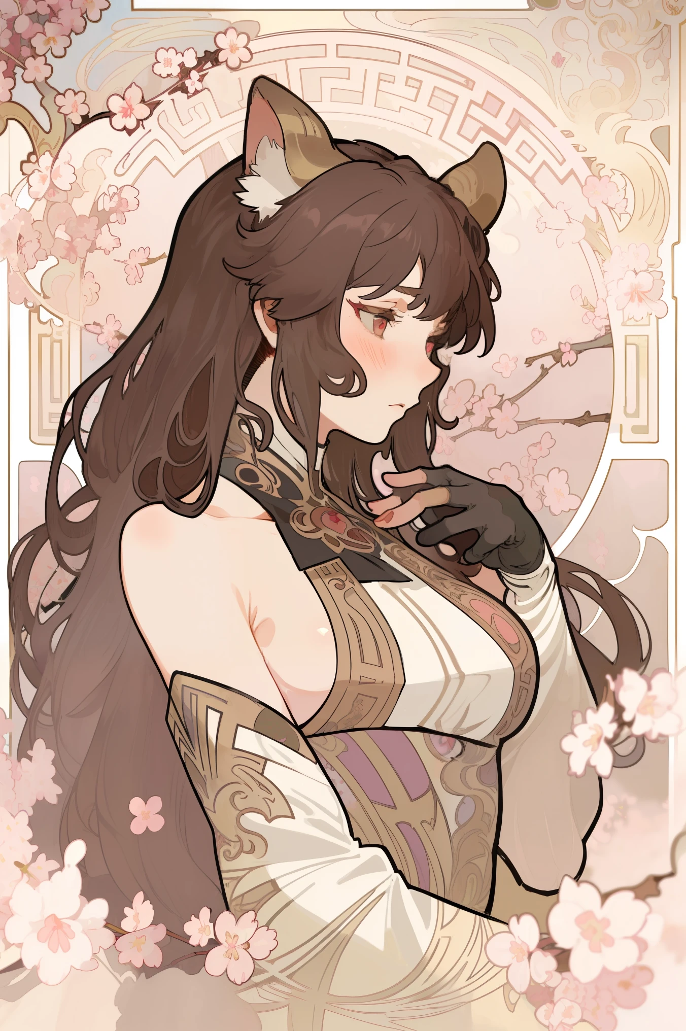 in art nouveau style , poster in a theater , (((art by alphonse mucha))), Upper Body, blush, profile ,( masterpiece, finely Detailed beautiful eyes: 1.2), 1 girl, Alone, beautiful, Small details, ultra Detailed , best quality, intricate, sharp, digital illustration , Detailed , ((cherry blossoms)), Hired \( Genshin Impact \), 1 girl, choke, blows, bare shoulders , Campaign, black Gloves, ((cabello negro, straight bangs, cat ears)), blush, breasts, chinese knot, mangas desmontables, flower knot, Gloves, (red ram horns ), long hair, medium breasts, neck Campaign, Evening, outdoors, Ojos rojos, sideburns, Alone, borla, white sleeves, (( masterpiece)), curly hair