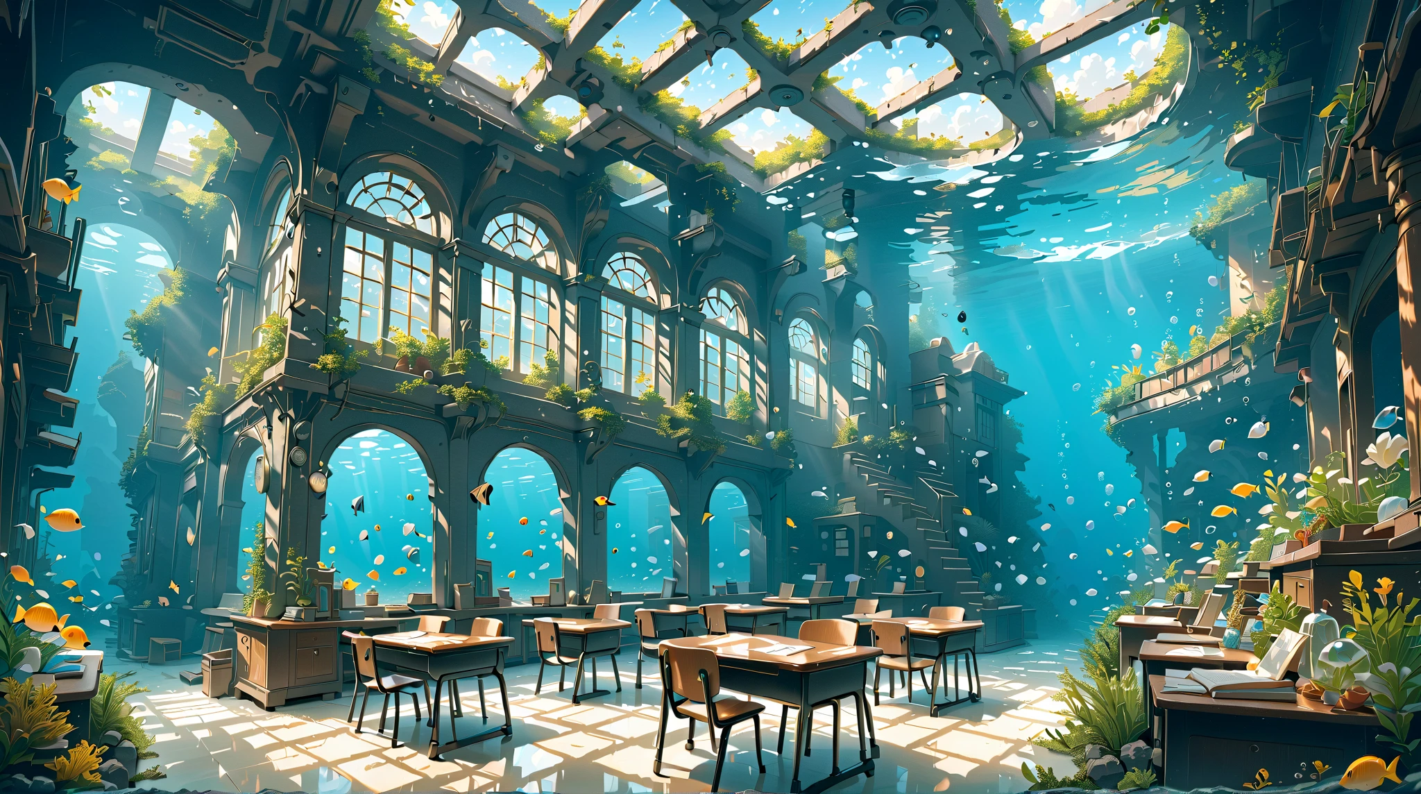 underwater, classroom, students, (masterpiece, ultra detailed, top quality), anime, studio ghibli, detailed background.