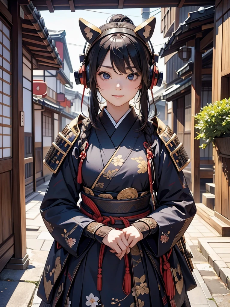  masterpieces at the front door of the house、（ west shots in an Edo period town in Japan:1.3）、 Anime Beautiful Girl、（Age 19）、（Futuristic design earmuffs with perfect Anatomy :1.4）、（6.5 heads）、smile、Military commander、（ Japanese Armor ）、（ Japanese armor）、（姫Military commander）、Composition of 