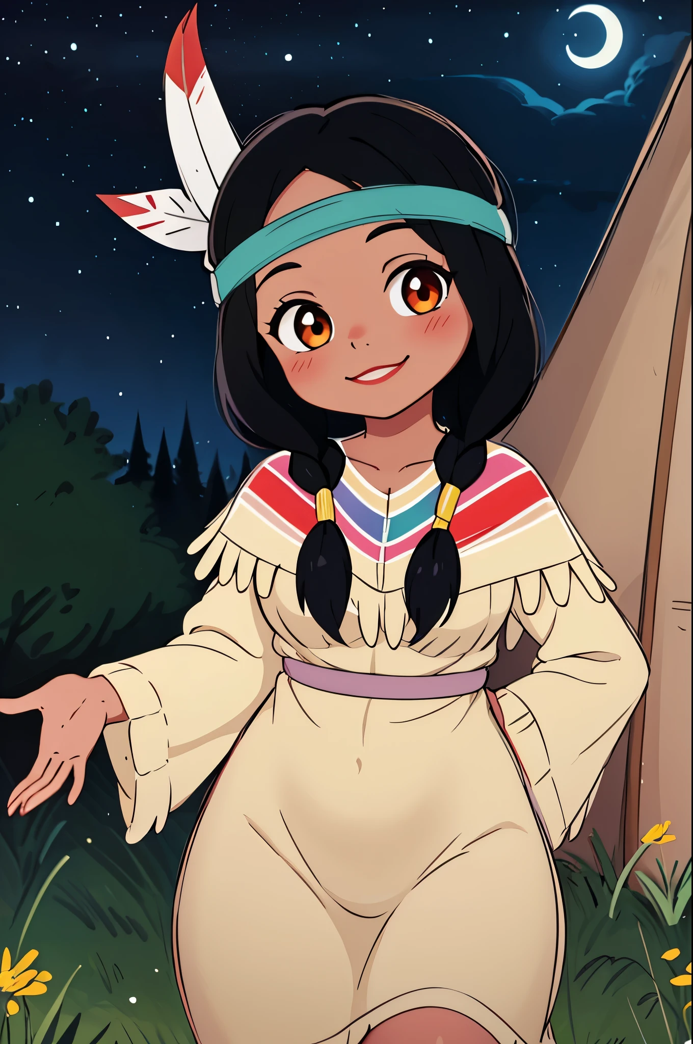 masterpiece, best quality, 1girl, tlily, black hair, twintails, feather hair ornament, headband, dark skin, dress, native american, upper body, sketch, looking at viewer, night, meadow background, sweet smile, thicc thighs, full body picture, hands behind back, shy, sexy