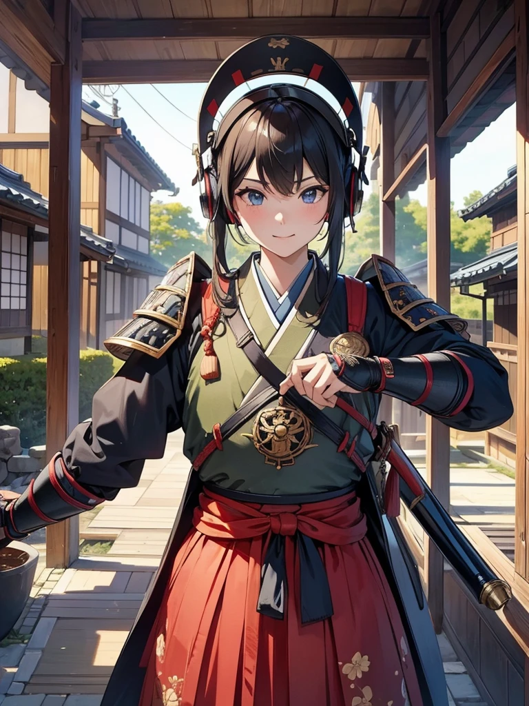  masterpieces at the front door of the house、（ west shots in an Edo period town in Japan:1.3）、 Anime Beautiful Girl、（Age 19）、（Futuristic design earmuffs with perfect Anatomy :1.4）、（6.5 heads）、smile、Military commander、（ Japanese Armor ）、（ Japanese armor）、（姫Military commander）、Composition of 