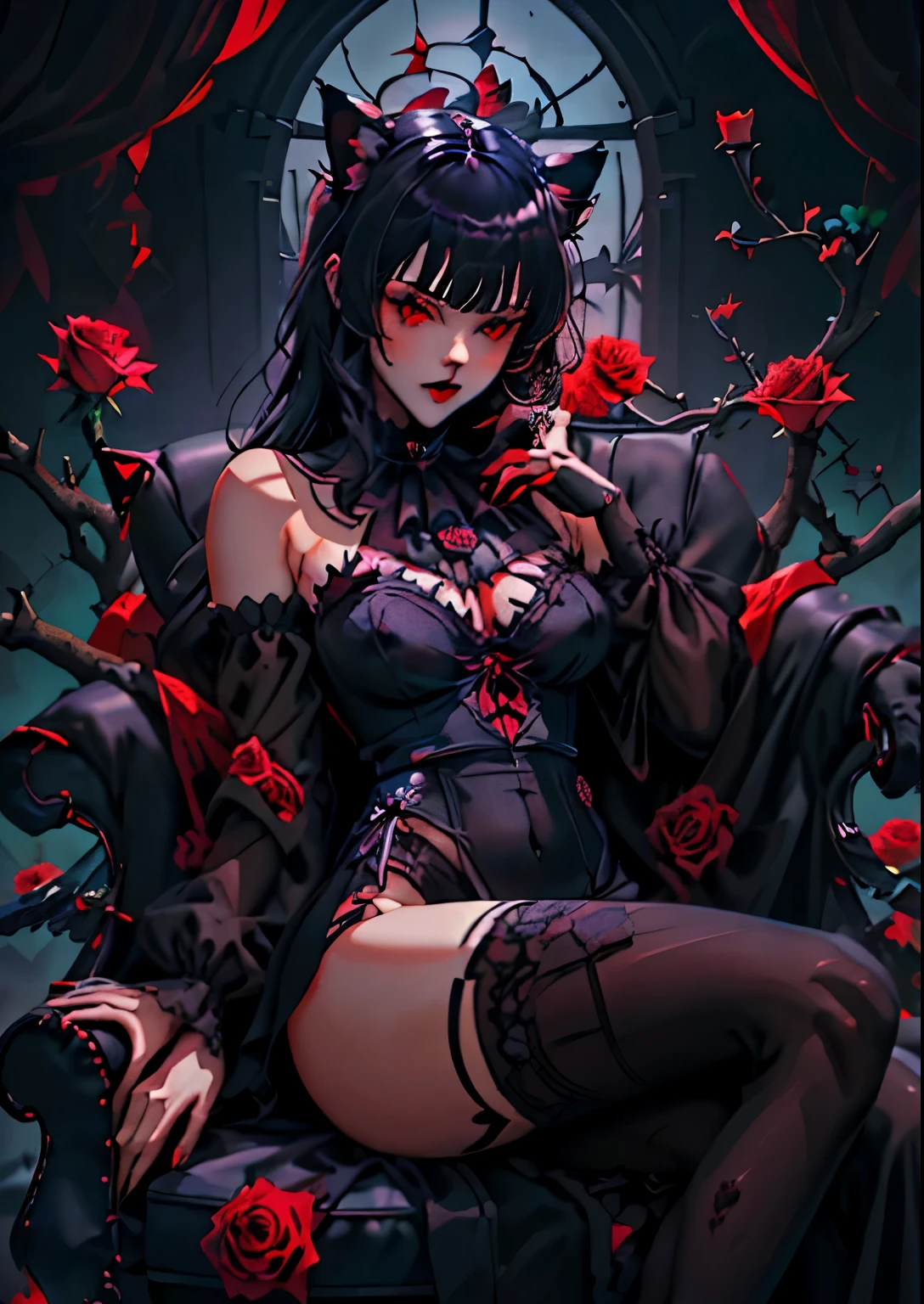 1girl, adult woman, black hair, long hair, blue eyes, big breasts, black victorian princess dress, flowing elegant dress, inside a coffin made of glass, (((transparent vampire coffin with closed lid))) , (long coffin), girl locked in the coffin, seabed in the background, ((crystal)), gold cross, golden details, roses inside the coffin, rose thorns, ocean in the background, moonlight, coffin submerged in the sea, closed coffin with glass walls, closed lid, (((sarcophagus))), full body inside coffin, closed coffin, full coffin