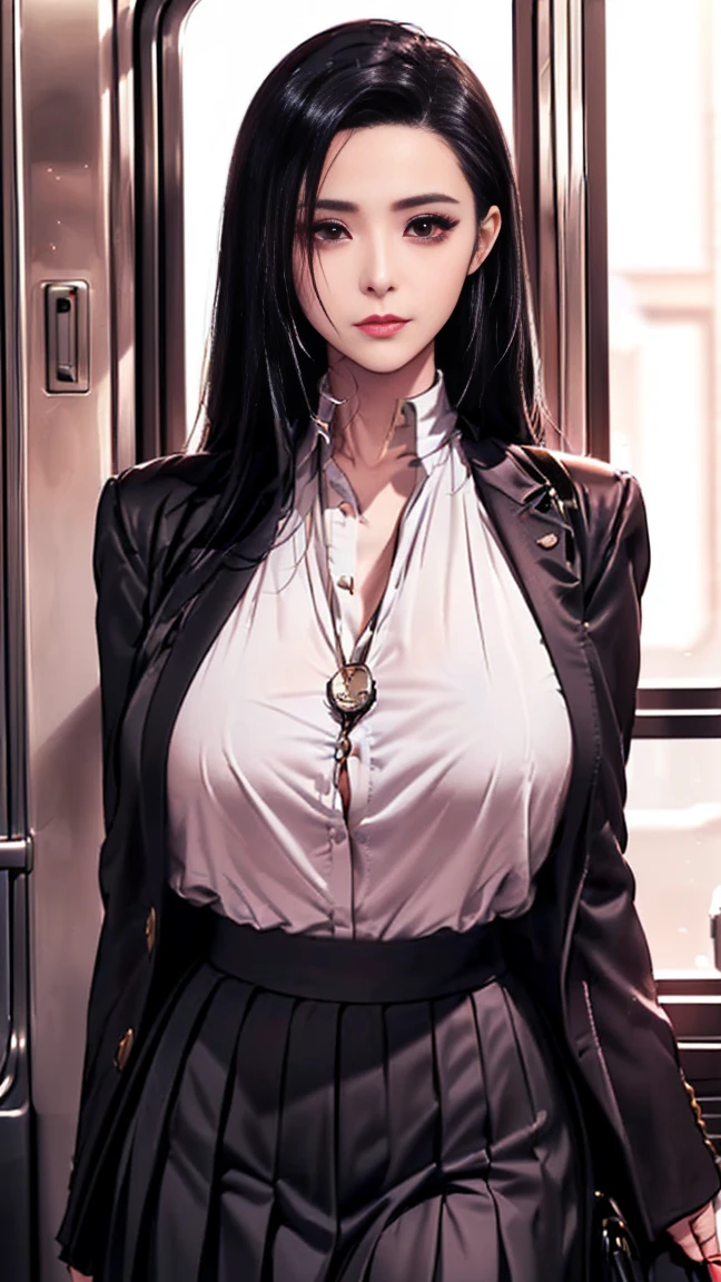 (beste-Qualit), (tmasterpiece), Full-body shot, cowboy  shot, standing at full height, 1girl in costume, androgynous vampire, junji ito 4 k, with long dark hair, ito junji art, style of junji ito, Dark Costume, portrait of sadako of the ring, Gentle androgynous princess , Beautiful androgynous princess , with her long black hair, girl in suit, (big yellow eyes:1.3), fangs, detailing, (generous cleavage), Burst breasts, extra high resolution, 8K, (The blood on her lips runs down her neck), (Lovely Medium Breasts), perfect anatomy, (Gloomy color scheme:1.5), (shapely body), Beautiful slender legs, white socks, Short socks, sexypose, (Hands Behind Your Back), (Looking down), (The gaze is directed downwards),