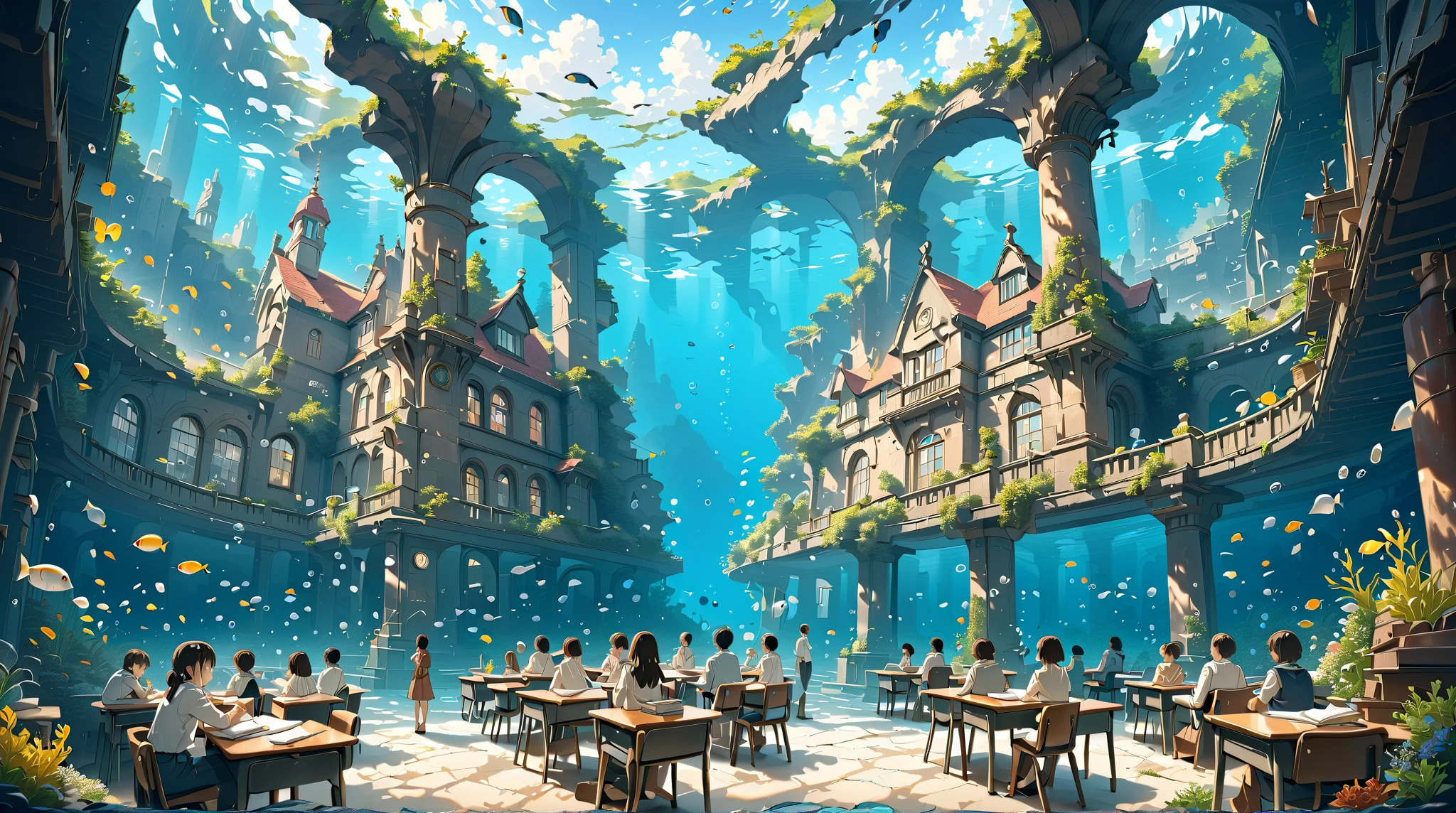 underwater, classroom, students, people, (masterpiece, ultra detailed, top quality), anime, studio ghibli, detailed background.