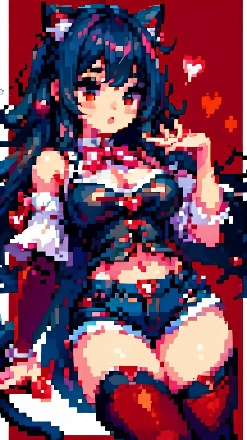 junkotvv,pixel style  ,( A white border around a dark red rectangular background：2.5).  black hair, fringe, cat ears, red eyes,
    {{ This is some text to skip }}.， cropped shoulders ，C cup，Ultra shorts ， black lace stockings ， high detail,under-eye circles,  heart-shaped pupils，Students of love，fleshy thighs, Highly rendered ， detailed face with 