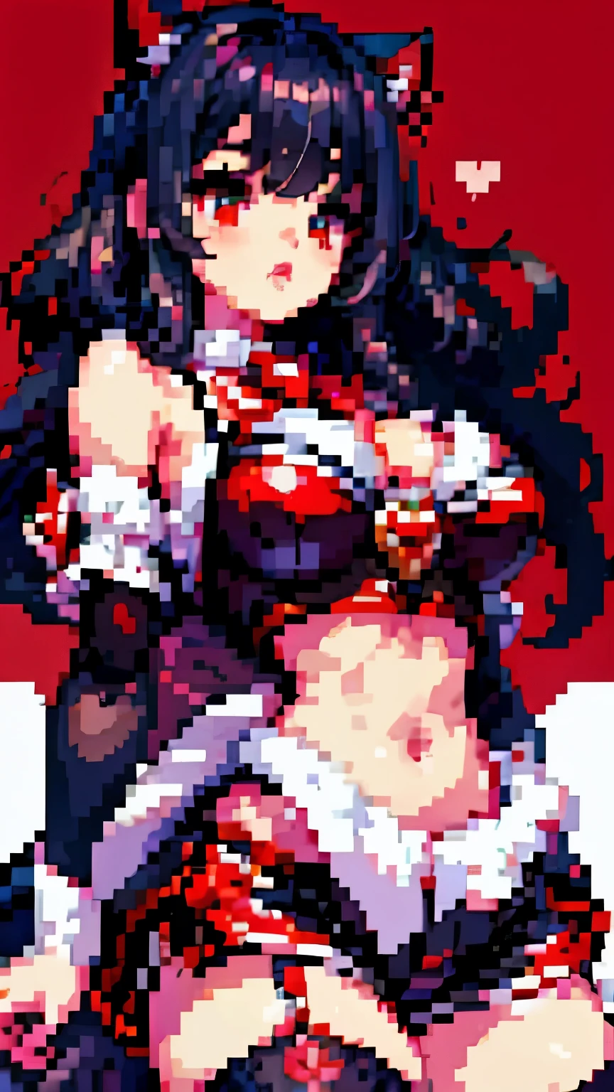 junkotvv,pixel style  ,( A white border around a dark red rectangular background：2.5).  black hair, fringe, cat ears, red eyes,
    {{ This is some text to skip }}.， cropped shoulders ，C cup，Ultra shorts ， black lace stockings ， high detail,under-eye circles,  heart-shaped pupils，Students of love，fleshy thighs, Highly rendered ， detailed face with 