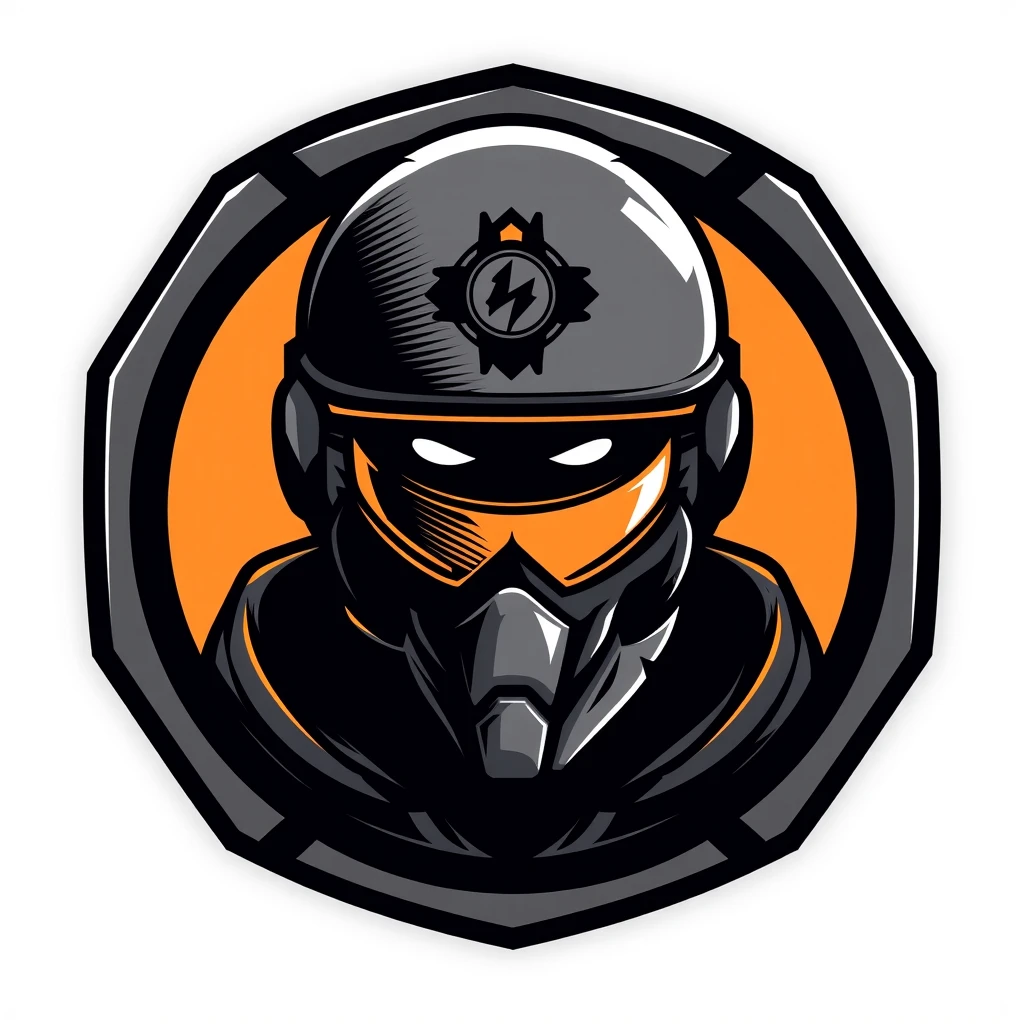 ((Minimalist logo art-style)), (high-quality, clean design)), A **minimalist logo** featuring a **male soldier** with a **fixed, intense gaze**, stylized with bold, clean lines and a sleek silhouette. The soldier wears a **modern tactical helmet** with subtle **CS:GO-inspired details**, including a **small crosshair emblem** on the helmet and **sharp angular shapes** defining the facial outline. The design uses a **black-and-white palette** with a single **vibrant orange accent** for highlights, such as the reflective visor or a badge on the helmet. The logo is framed within a simple **circular border**, with additional **military textures or crosshair motifs** subtly integrated into the negative space, creating a professional yet striking appearance. **(minimalist, soldier logo, CS:GO theme, tactical aesthetic, intense gaze, clean design, vibrant accents)**.  