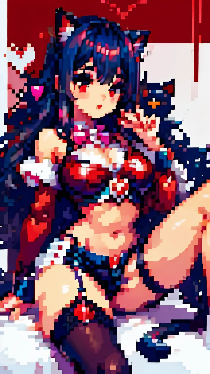 junkotvv,pixel style  ,( A white border around a dark red rectangular background：2.5).  black hair, fringe, cat ears, red eyes,
    {{ This is some text to skip }}.， cropped shoulders ，C cup，Ultra shorts ， black lace stockings ， high detail,under-eye circles,  heart-shaped pupils，Students of love，fleshy thighs, Highly rendered ， detailed face with 