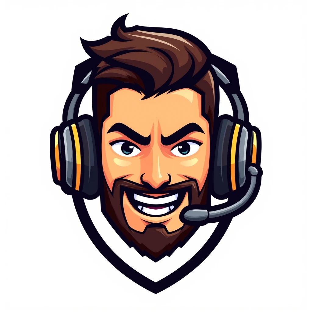 POV-VIEW(cartoon emblem illustration:1.2), a stylized 2D vector graphic of a confident male character's head, wearing a large gray gaming headset with a microphone and black sunglasses. The character has short, dark brown hair and a neatly groomed beard, with a tan skin tone. The expression is bold and dynamic, featuring a wide grin with gritted teeth, exuding energy and charisma. Clean, bold black outlines define the shapes, while flat, matte color blocks fill the illustration with no gradients or shading. Accents of yellow are visible on the headset. The design is minimalistic, with no background, resembling a gaming logo or patch. | cartoonish | high visibility | simplified details | vibrant and iconic design.