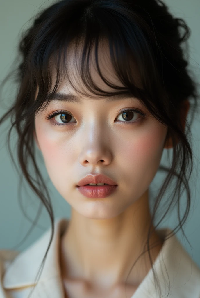 A beautiful 20 years old girl, hair to shoulders length with short bangs , ((wide lips)), ((slanted eyes)), (small nose). wearing a kimono, very realistic picture, reflex canon professional picture, (supermodel face), north korean face, portrait of face, zoom in face.