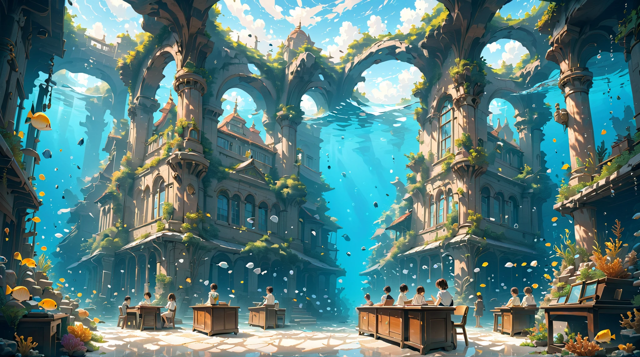 underwater, classroom, students, people, (masterpiece, ultra detailed, top quality), anime, studio ghibli, detailed background.