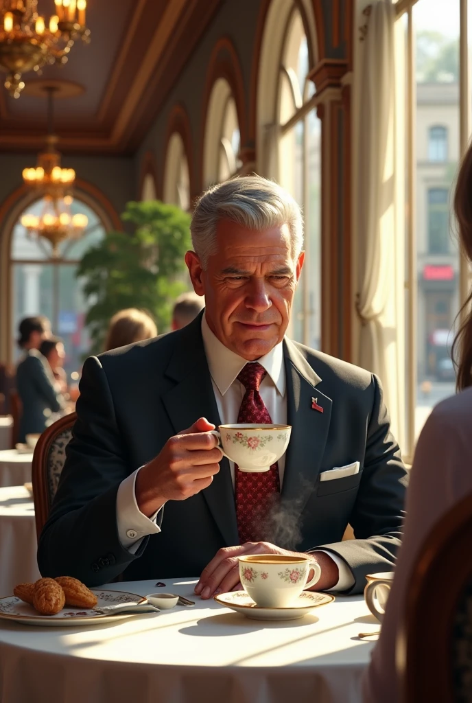 A wizened old British gentleman (cartoon character colonel braghard), sitting at a table in a smokers lounge. he is chatting to the 1920s dressed waitress